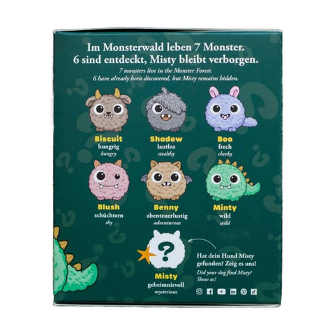 Caja Hunter Mystery Dog Toys, parte trasera con los 7 monstruos