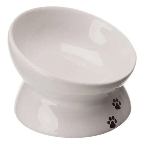Comedero de cerámica elevado Trixie blanco con huellas negras de 15 cm de alto para gato