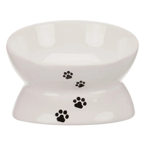 Comedero de cerámica elevado Trixie blanco con huellas negras de 15 cm de alto para gato