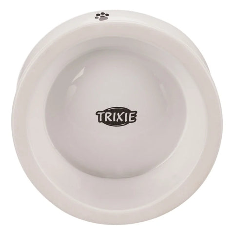 Comedero de cerámica elevado Trixie blanco con huellas negras de 15 cm de alto para gato